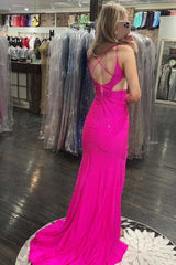 Hot Pink Beading Mermaid Corset Prom Dress with Slit Gowns, Hot Pink Beading Mermaid Prom Dress with Slit