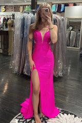 Hot Pink Beading Mermaid Corset Prom Dress with Slit Gowns, Hot Pink Beading Mermaid Prom Dress with Slit
