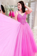 Hot Pink Lace-Up A-line Corset Prom Dress with Ruffles Gowns, Hot Pink Lace-Up A-line Prom Dress with Ruffles