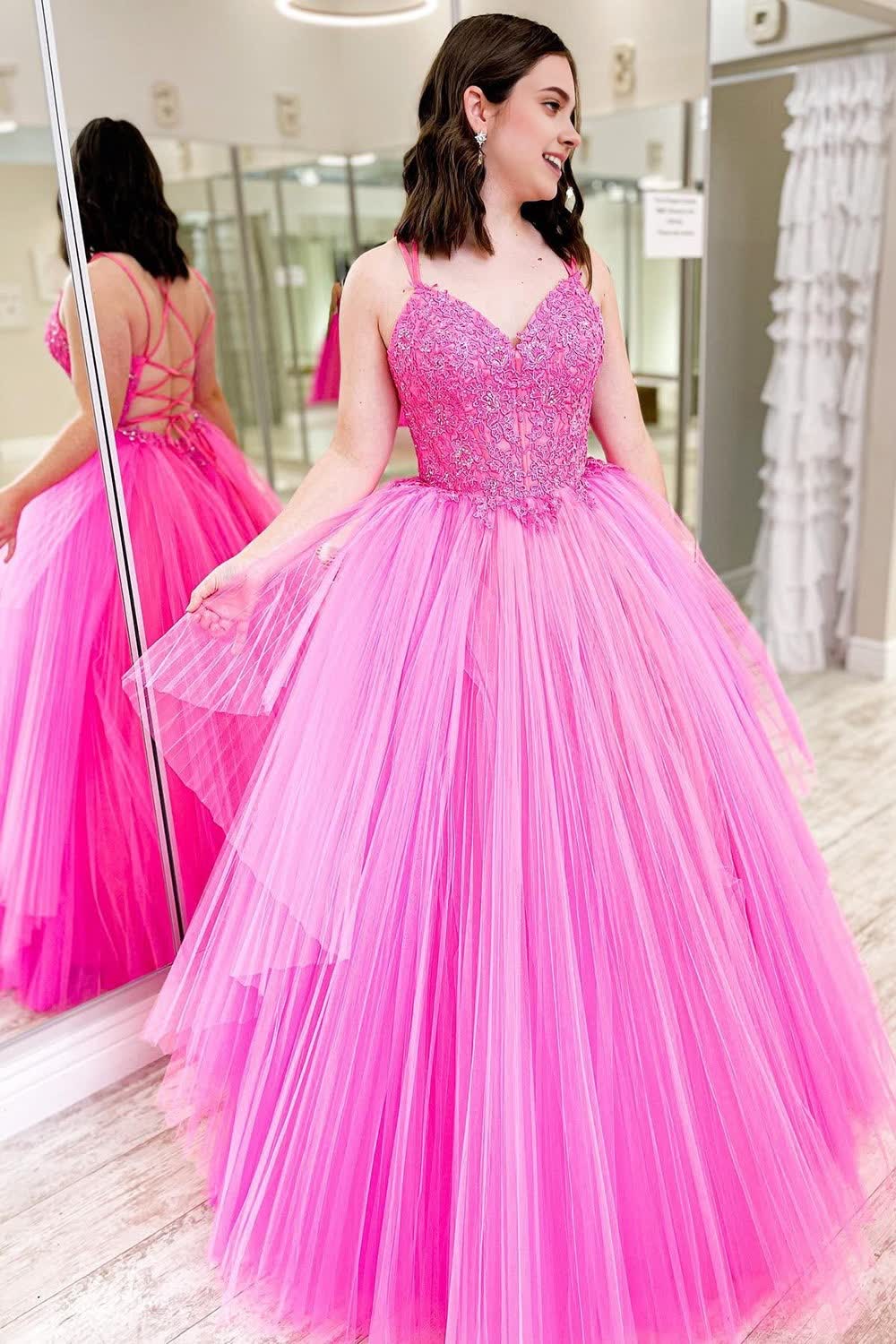 Hot Pink Lace-Up A-line Corset Prom Dress with Ruffles Gowns, Hot Pink Lace-Up A-line Prom Dress with Ruffles
