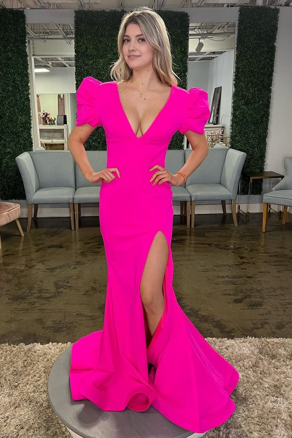 Hot Pink Mermaid Deep V Neck Long Corset Prom Dress with Slit Gowns, Hot Pink Mermaid Deep V Neck Long Prom Dress with Slit