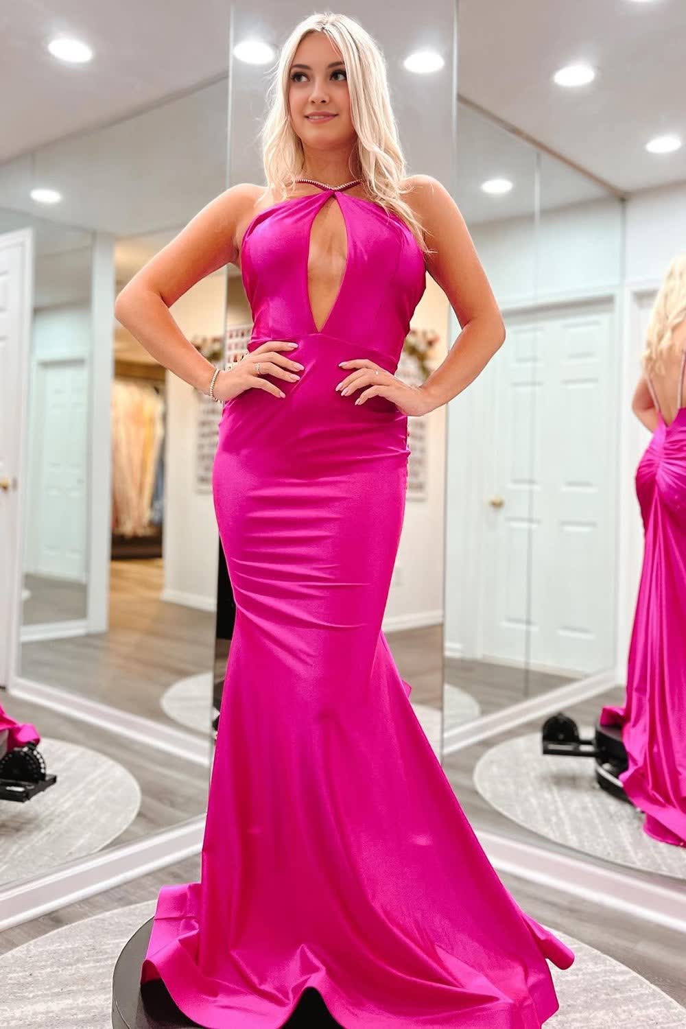 Hot Pink Mermaid Corset Prom Dress With Hollow Out outfits, Hot Pink Mermaid Prom Dress With Hollow Out