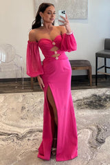 Hot Pink Off The Shoulder Detachale Sleeves Cut Out Corset Prom Dress outfits, Hot Pink Off The Shoulder Detachale Sleeves Cut Out Prom Dress