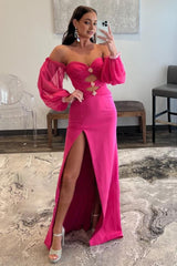 Hot Pink Off The Shoulder Detachale Sleeves Cut Out Corset Prom Dress outfits, Hot Pink Off The Shoulder Detachale Sleeves Cut Out Prom Dress