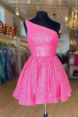 Hot Pink One Shoulder A Line Short Corset Homecoming Dress Sequins Gowns, Homecoming Dress Sparkle