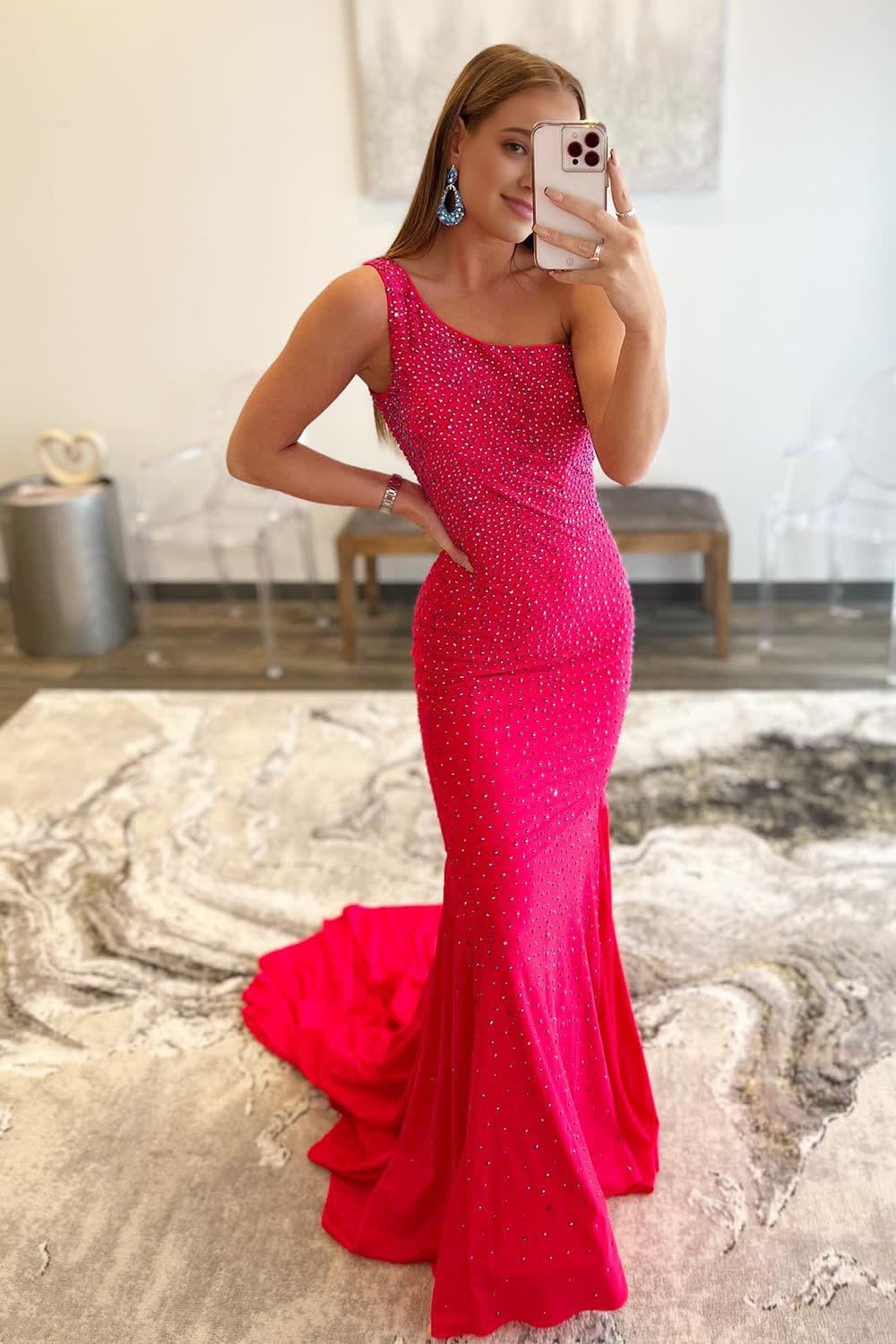 Hot Pink One Shoulder Mermaid Corset Prom Dress outfits, Hot Pink One Shoulder Mermaid Prom Dress