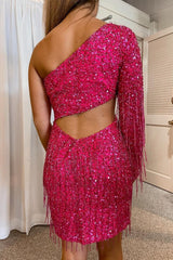 Hot Pink Open Back One Shoulder Sequins Tight Corset Homecoming Dress outfit, Hot Pink Open Back One Shoulder Sequins Tight Homecoming Dress