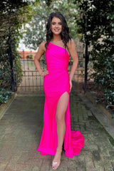 Hot Pink Ruched One Shoulder Sheath Long Corset Prom Dress with Slit Gowns, Hot Pink Ruched One Shoulder Sheath Long Prom Dress with Slit
