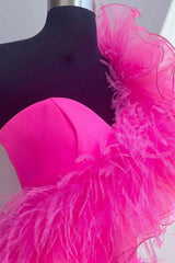 Hot Pink Ruffled Short Corset Homecoming Dress with Feathers outfit, Bridesmaids Dress Under 113