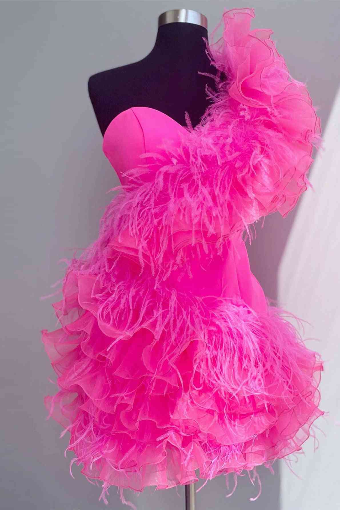 Hot Pink Ruffled Short Corset Homecoming Dress with Feathers outfit, Bridesmaids Dresses Under 113