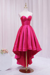 Hot Pink Satin High Low Corset Prom Dress, Cute Sweetheart Neck Evening Party Dress Outfits, Bridesmaid Dress Elegant