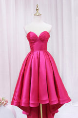 Hot Pink Satin High Low Corset Prom Dress, Cute Sweetheart Neck Evening Party Dress Outfits, Bridesmaid Dress Formal
