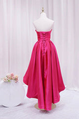Hot Pink Satin High Low Corset Prom Dress, Cute Sweetheart Neck Evening Party Dress Outfits, Bridesmaids Dresses Formal