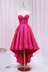 Hot Pink Satin High Low Corset Prom Dress, Cute Sweetheart Neck Evening Party Dress Outfits, Bridesmaid Dresses Long