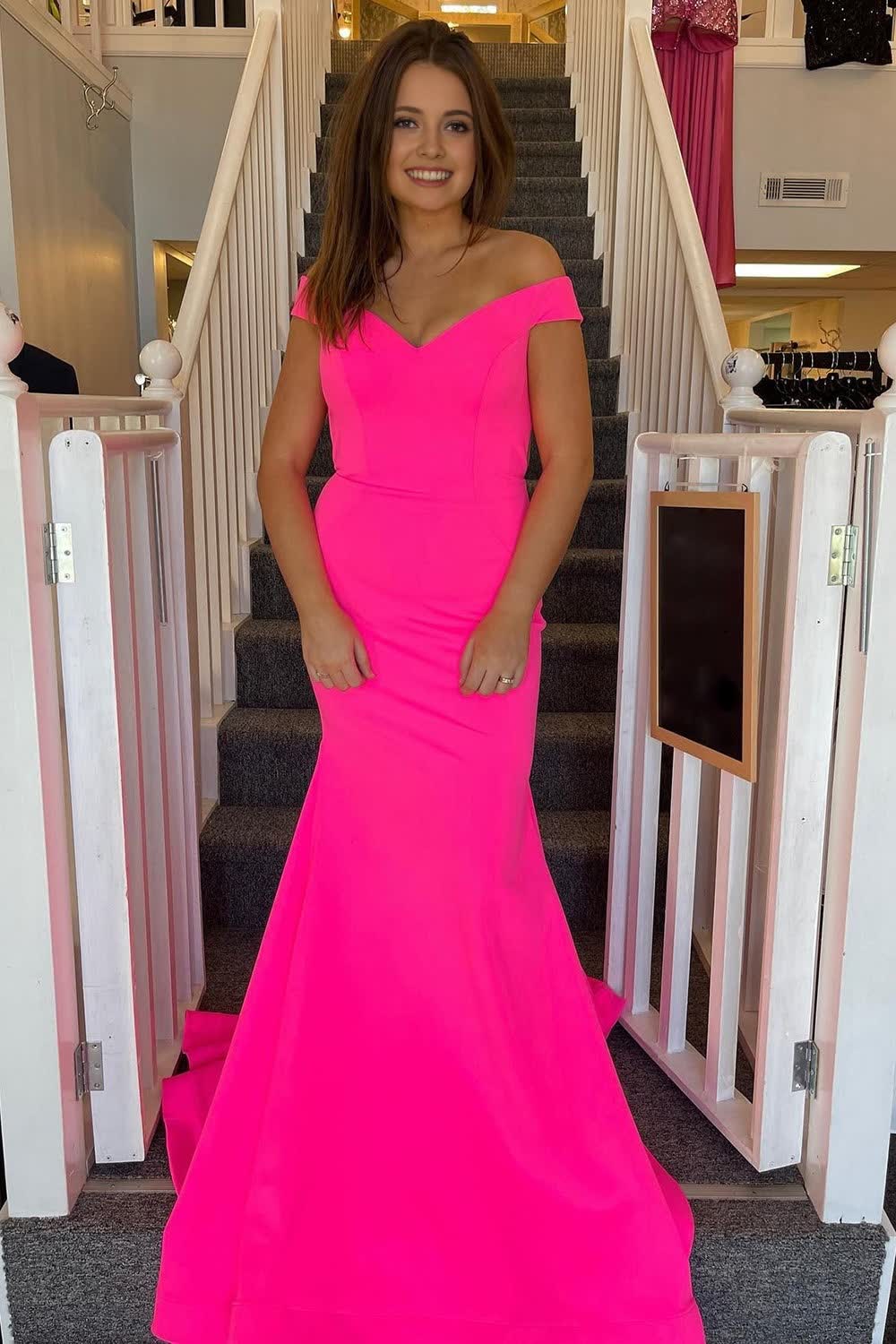 Hot Pink Satin Mermaid Corset Prom Dress with Hollow-Out Back Gowns, Hot Pink Satin Mermaid Prom Dress with Hollow-Out Back