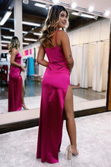 Hot Pink Satin V-Neck Simple Corset Prom Dress with Slit Gowns, Hot Pink Satin V-Neck Simple Prom Dress with Slit