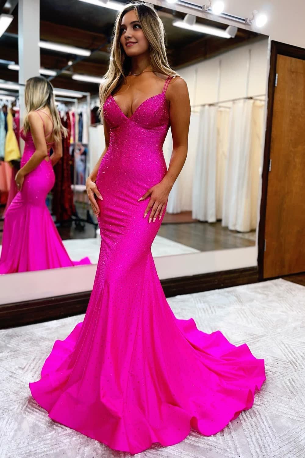 Hot Pink Sequined Spaghetti Straps Corset Prom Dress outfits, Hot Pink Sequined Spaghetti Straps Prom Dress