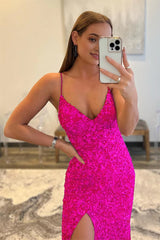 Hot Pink Sequins Glitter Corset Prom Dress with Slit Gowns, Hot Pink Sequins Glitter Prom Dress with Slit