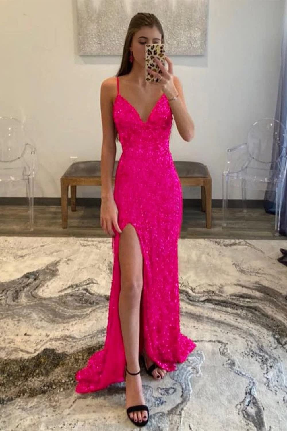 Hot Pink Sequins Glitter Corset Prom Dress with Slit Gowns, Hot Pink Sequins Glitter Prom Dress with Slit