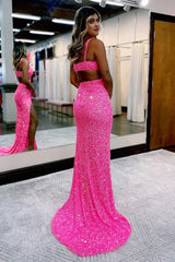 Hot Pink Sequins Hollow-Out Mermaid Corset Prom Dress outfits, Hot Pink Sequins Hollow-Out Mermaid Prom Dress