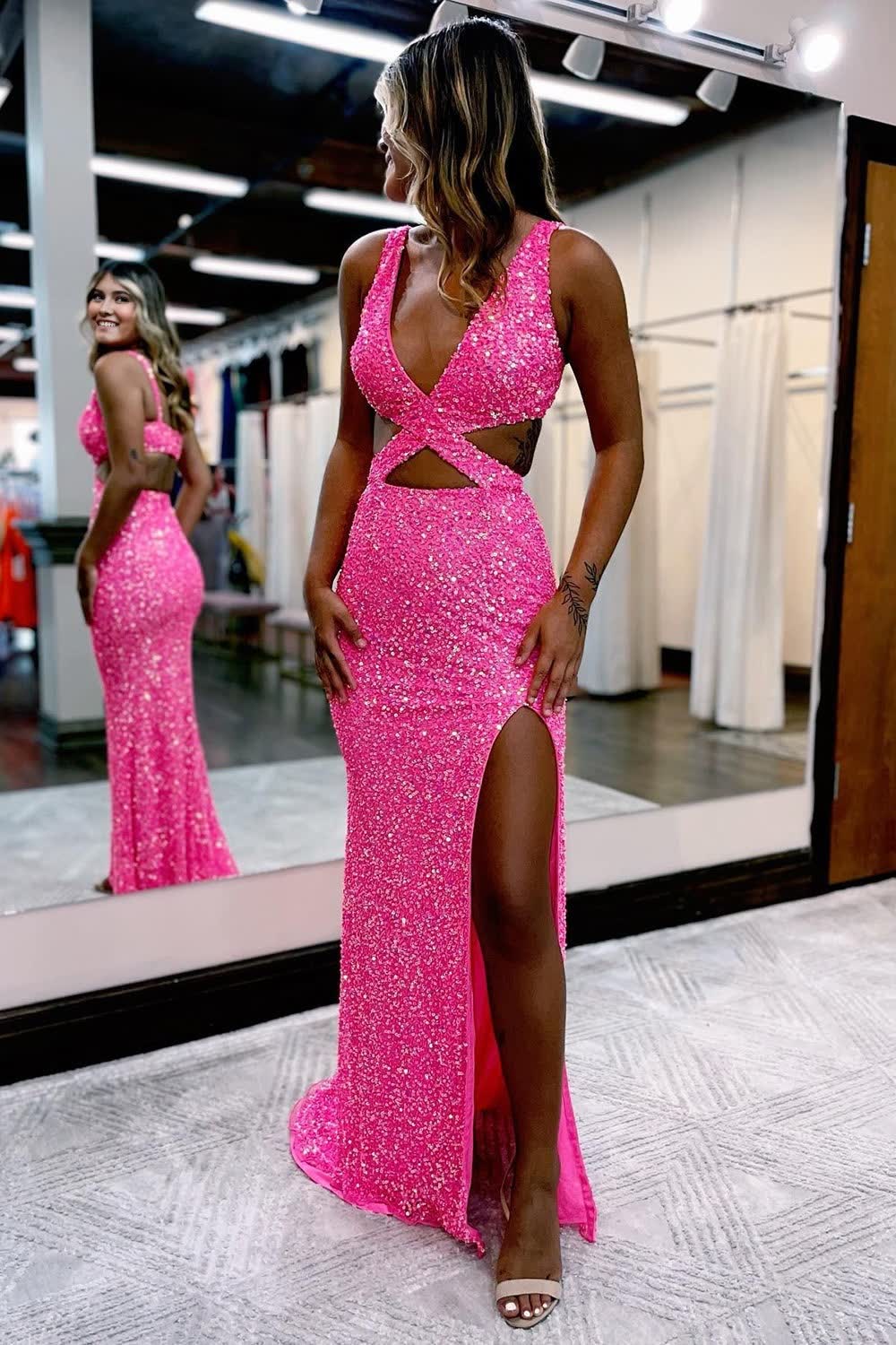 Hot Pink Sequins Hollow-Out Mermaid Corset Prom Dress outfits, Hot Pink Sequins Hollow-Out Mermaid Prom Dress