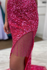 Hot Pink Sequins Mermaid Corset Prom Dress with Fringes outfit, Hot Pink Sequins Mermaid Prom Dress with Fringes