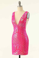 Hot Pink Sheath V Neck Sequin-Embroidered Mini Corset Homecoming Dress outfit, Formal Dress Website