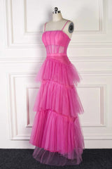 Hot Pink Spaghetti Straps A-Line Tulle Tiered Long Party Dress Outfits, Party Dress After Wedding