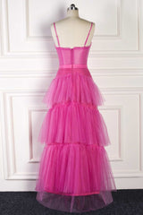 Hot Pink Spaghetti Straps A-Line Tulle Tiered Long Party Dress Outfits, Party Dresses Classy Christmas