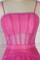 Hot Pink Spaghetti Straps A-Line Tulle Tiered Long Party Dress Outfits, Party Dress Classy Christmas