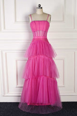 Hot Pink Spaghetti Straps A-Line Tulle Tiered Long Party Dress Outfits, Party Dresses Christmas