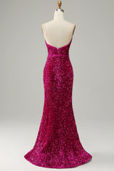 Hot Pink Strapless Sequin Corset Prom Dress with Slit Gowns, Hot Pink Strapless Sequin Prom Dress with Slit