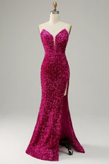 Hot Pink Strapless Sequin Corset Prom Dress with Slit Gowns, Hot Pink Strapless Sequin Prom Dress with Slit