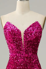 Hot Pink Strapless Sequin Corset Prom Dress with Slit Gowns, Hot Pink Strapless Sequin Prom Dress with Slit