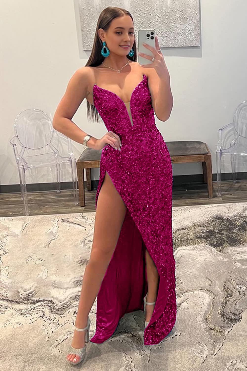 Hot Pink Strapless Sequin Corset Prom Dress with Slit Gowns, Hot Pink Strapless Sequin Prom Dress with Slit