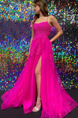 Hot Pink Tulle A Line Corset Prom Dress with Appliques Gowns, Hot Pink Tulle A Line Prom Dress with Appliques