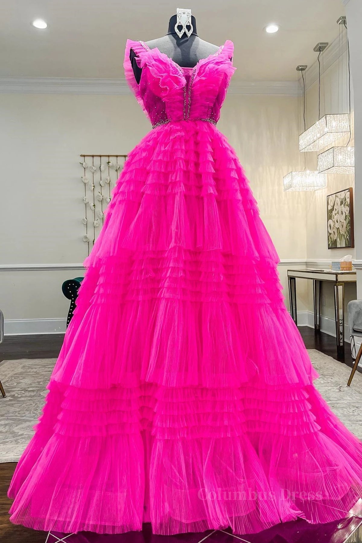 Hot Pink Tulle Long Corset Prom Dresses, Hot Pink Long Corset Formal Graduation Dresses outfit, Formal Dress For Wedding Party