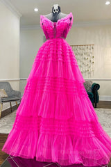 Hot Pink Tulle Long Corset Prom Dresses, Hot Pink Long Corset Formal Graduation Dresses outfit, Formal Dress Floral