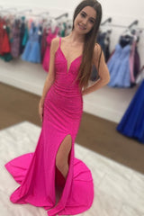 Hot Pink V Neck Mermaid Corset Prom Dress with Slit Gowns, Hot Pink V Neck Mermaid Prom Dress with Slit