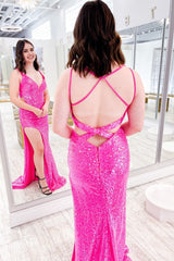 Hot Pink V-Neck Sequins Corset Prom Dress with Slit Gowns, Hot Pink V-Neck Sequins Prom Dress with Slit
