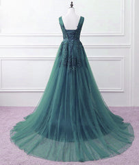 Hunter Green Tulle V-neckline Long Party Dress, Dark Green A-line Corset Prom Dress outfits, Boho Wedding