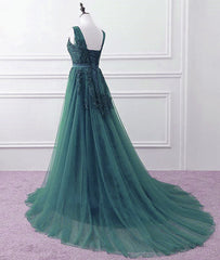 Hunter Green Tulle V-neckline Long Party Dress, Dark Green A-line Corset Prom Dress outfits, Bridesmaids Dress Peach