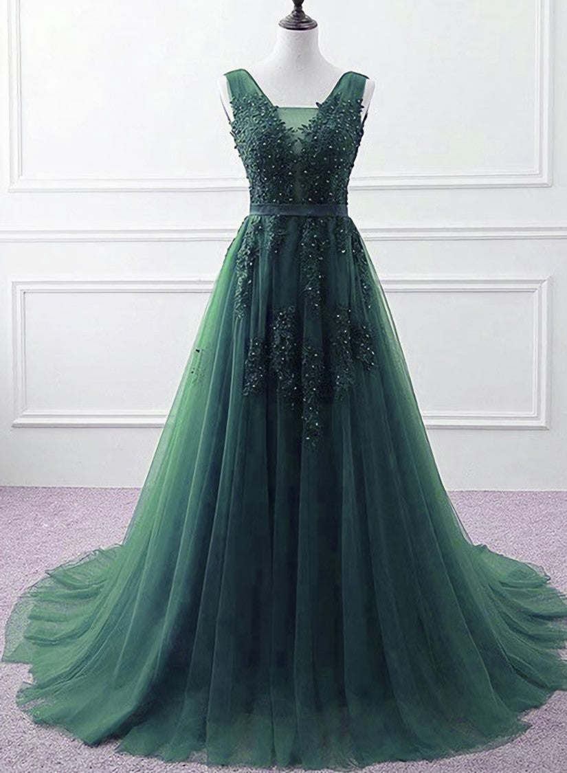 Hunter Green Tulle V-neckline Long Party Dress, Dark Green A-line Corset Prom Dress outfits, Mother Of The Bride Dress