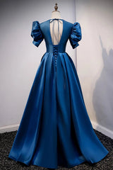 Blue V Neck Satin Short Sleeves Long Corset Prom Dress Blue Satin Evening Dress outfit, Party Dress Short Clubwear