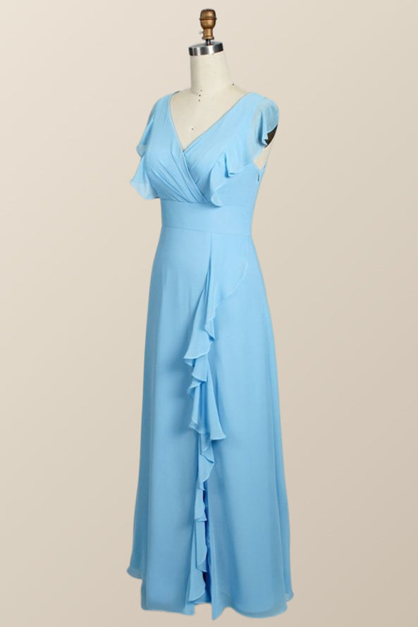 Blue Chiffon Ruffles Long Corset Bridesmaid Dress outfit, Prom Dress Chiffon