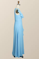 Blue Chiffon Ruffles Long Corset Bridesmaid Dress outfit, Prom Dresses With Shorts Underneath