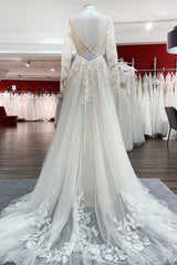 Ivory A-line Tulle Long Sleeves Lace Appliques Open Back Corset Wedding Dresses outfit, Wedding Dress Color