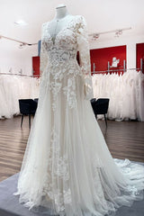 Ivory A-line Tulle Long Sleeves Lace Appliques Open Back Corset Wedding Dresses outfit, Wedding Dress Colors