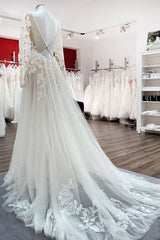 Ivory A-line Tulle Long Sleeves Lace Appliques Open Back Corset Wedding Dresses outfit, Wedding Dress Colored