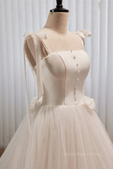 Ivory Bow Tie Shoulder Pearl Bows Tulle Long Corset Wedding Dress outfit, Wedding Dress Styles